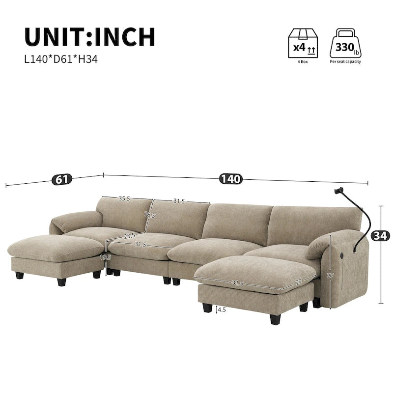 140 Chenille U-Shaped Modular Sectional Sofa with 31.5 Wide Seats, USB/Type-C Chargers & Storage Pockets