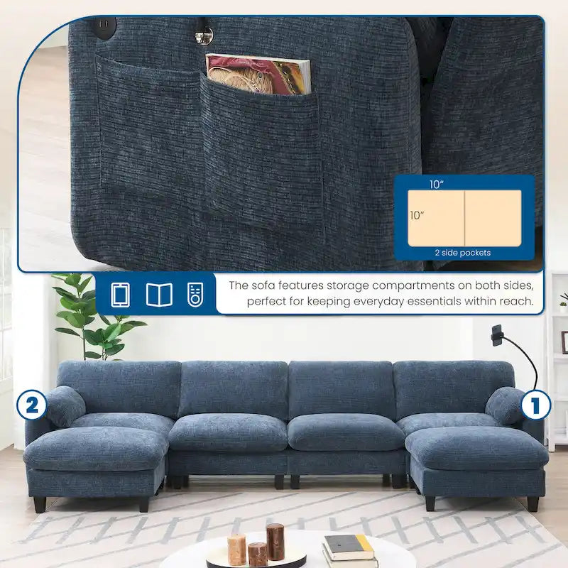 140 Chenille U-Shaped Modular Sectional Sofa with 31.5 Wide Seats, USB/Type-C Chargers & Storage Pockets