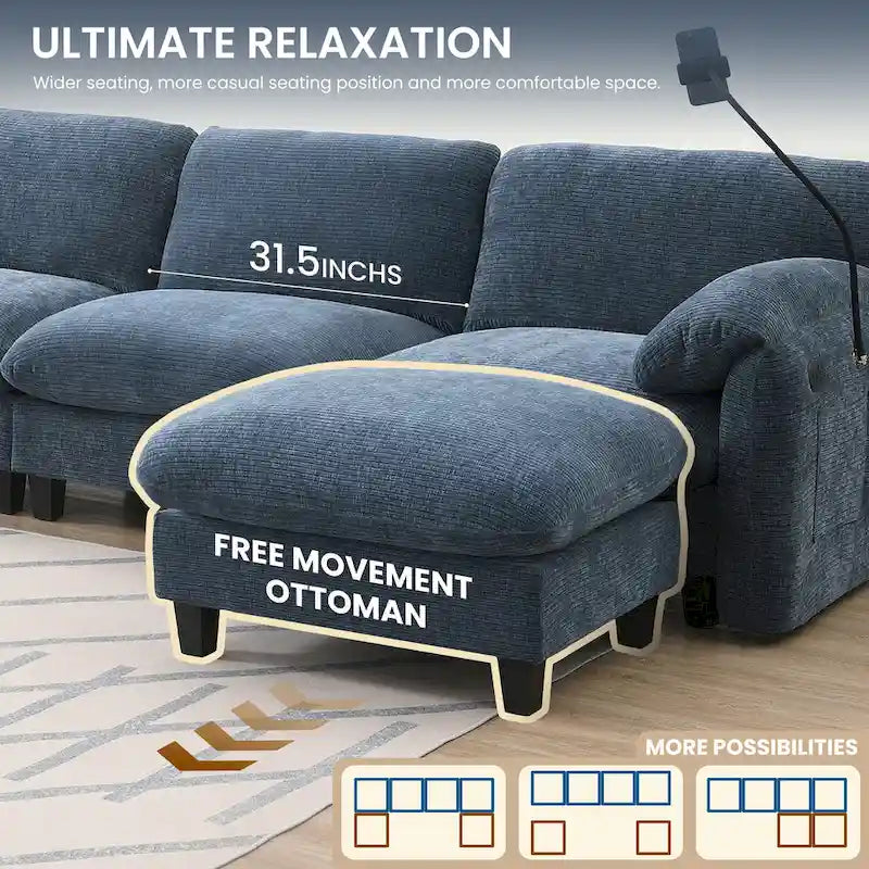 140 Chenille U-Shaped Modular Sectional Sofa with 31.5 Wide Seats, USB/Type-C Chargers & Storage Pockets