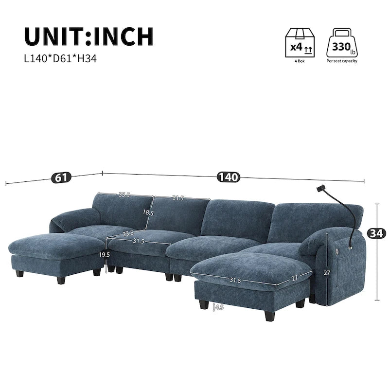 140 Chenille U-Shaped Modular Sectional Sofa with 31.5 Wide Seats, USB/Type-C Chargers & Storage Pockets