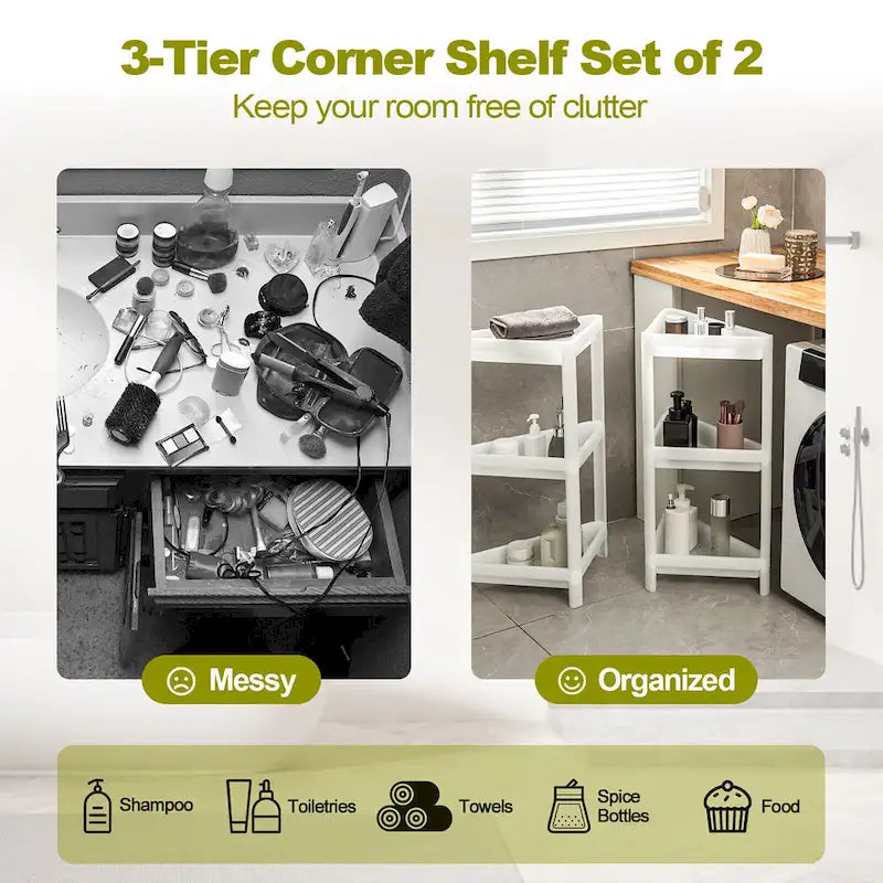 2PCS 3 Tier Detachable Floor Corner Shower Shelf Counter Corner