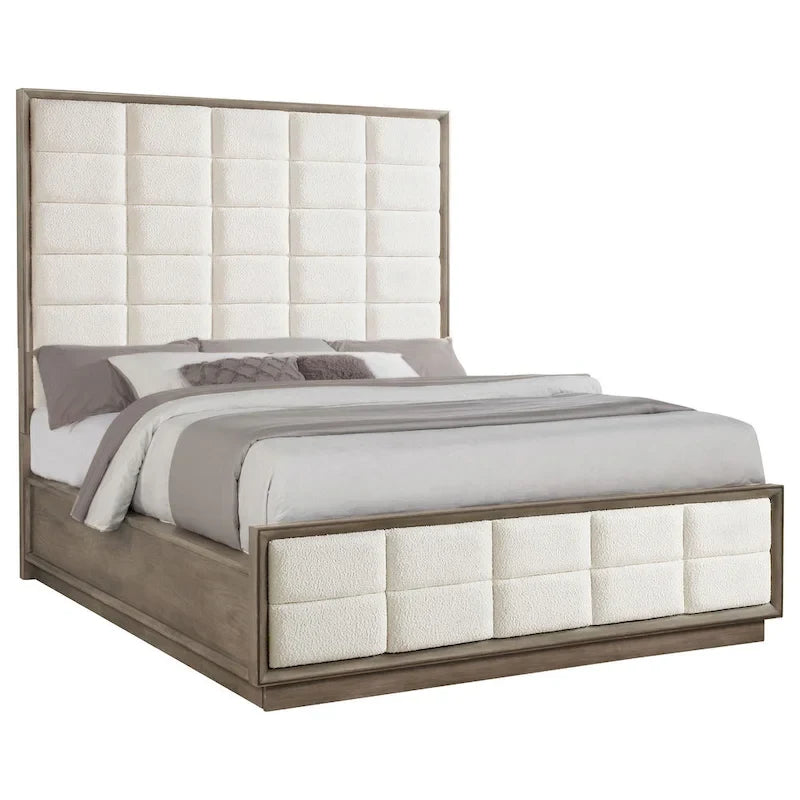 Lyni California King Bed, Grid Tufted Ivory Upholstery, Oak Brown