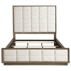 Lyni California King Bed, Grid Tufted Ivory Upholstery, Oak Brown