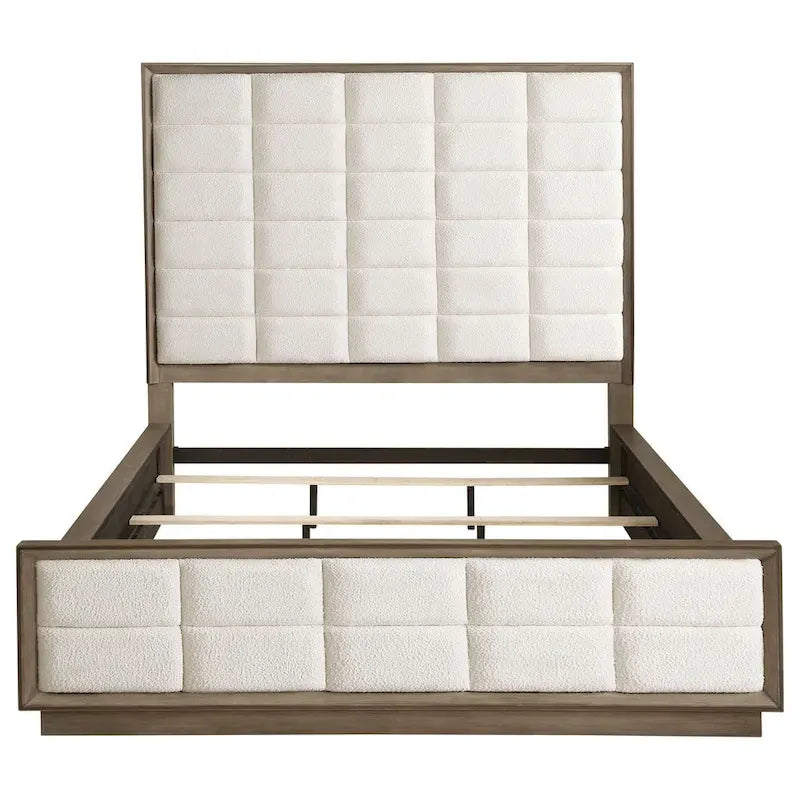 Lyni California King Bed, Grid Tufted Ivory Upholstery, Oak Brown