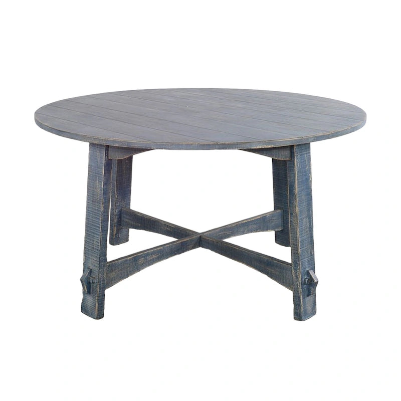 Rena Dining Table, 54 Inch Round Planked Ocean Blue Mahogany Wood