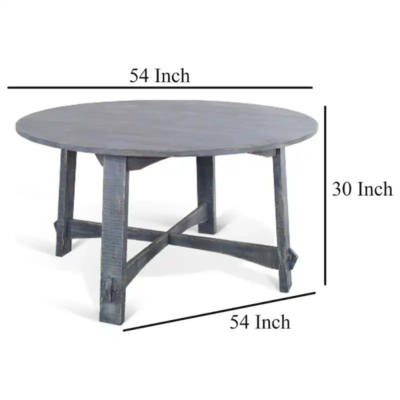 Rena Dining Table, 54 Inch Round Planked Ocean Blue Mahogany Wood