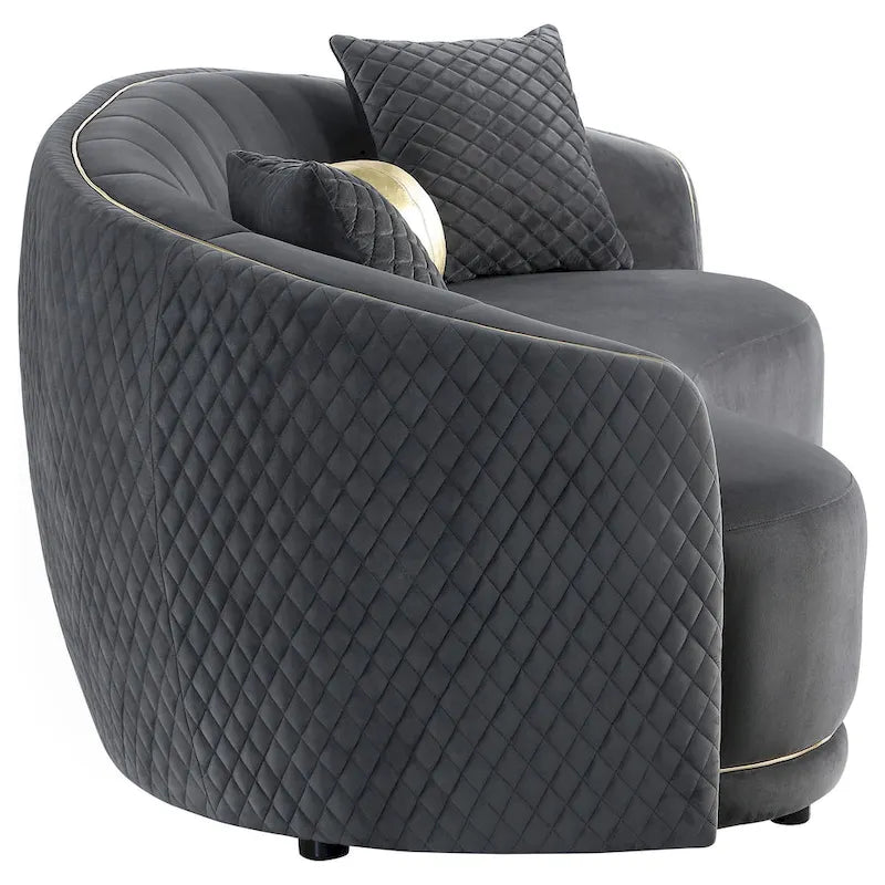 Buo Curved Sofa, 92 Inch, Dark Gray Polyester, Gold Trim, 3 Pillows