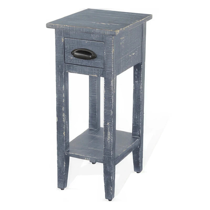 Rena Chairside Table with Drawer and Shelf, 14 Inch Blue Mahogany Wood