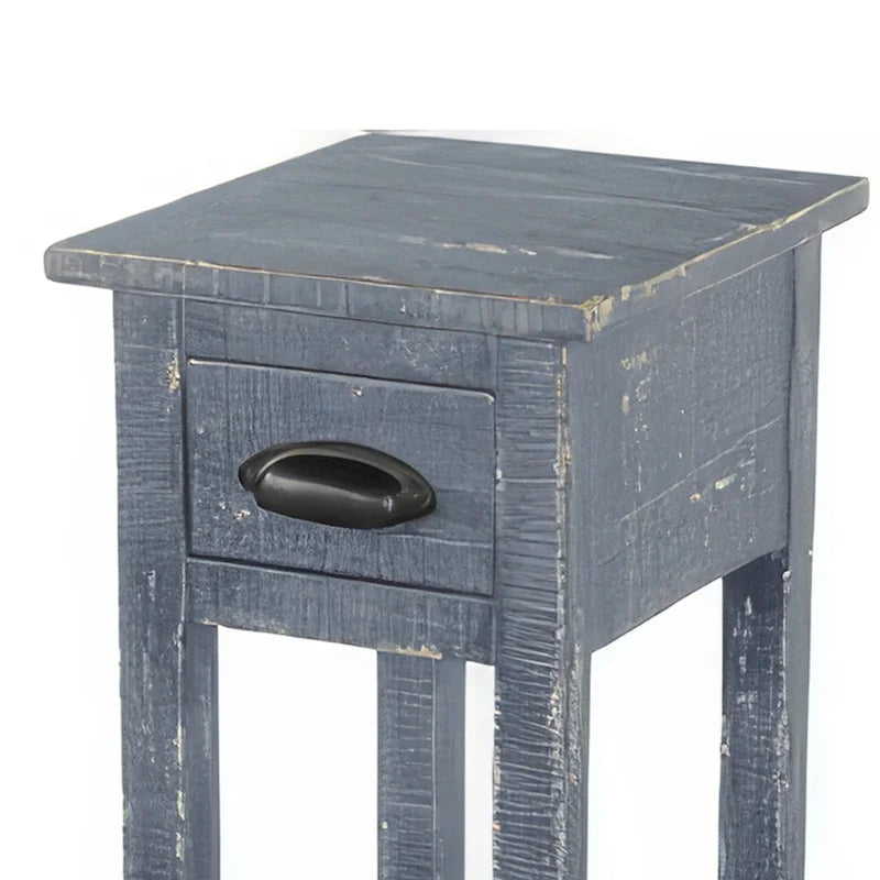 Rena Chairside Table with Drawer and Shelf, 14 Inch Blue Mahogany Wood
