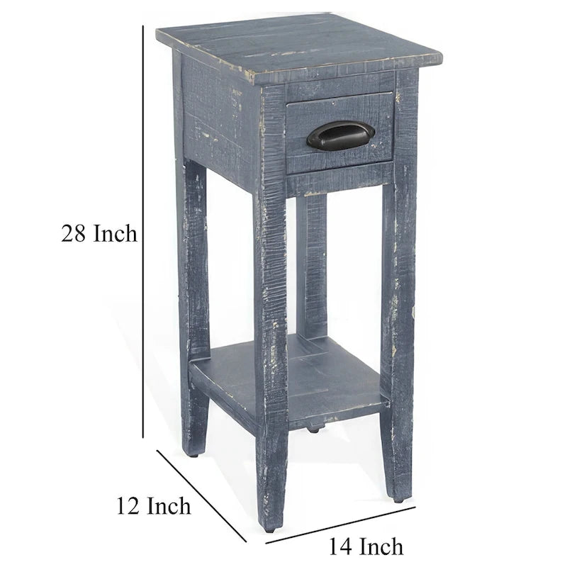 Rena Chairside Table with Drawer and Shelf, 14 Inch Blue Mahogany Wood