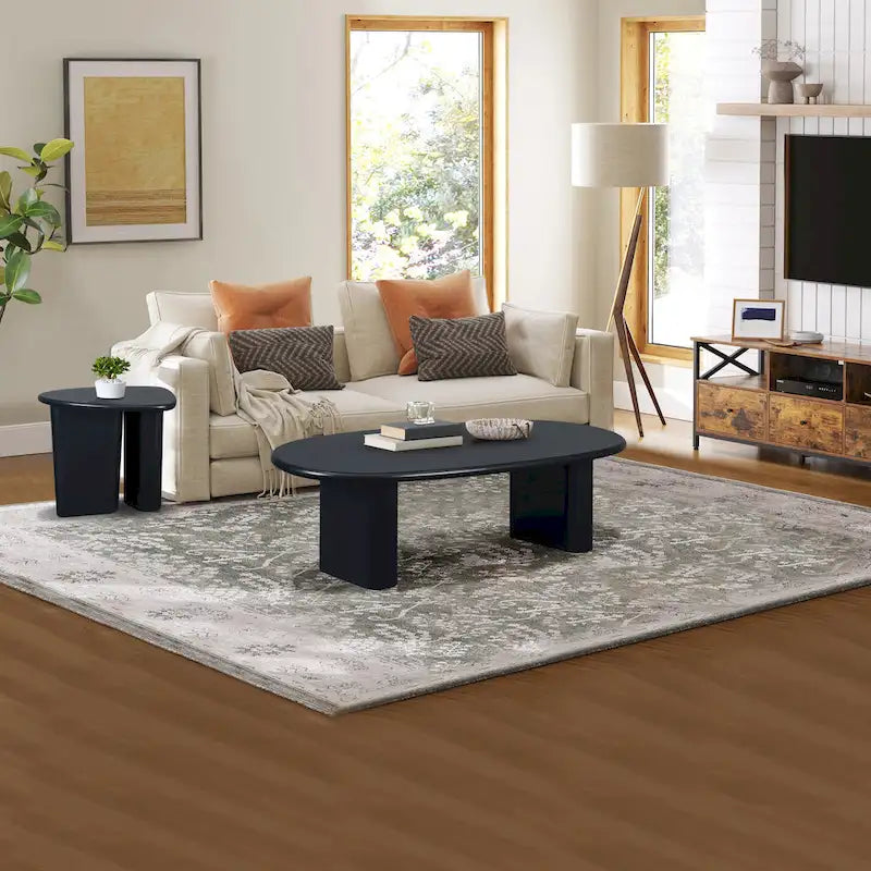 Modern Coffee Table Oval Coffee Table with 2 Vertical Thick Feet Rounded Edges, for Living Rooms Antique Black