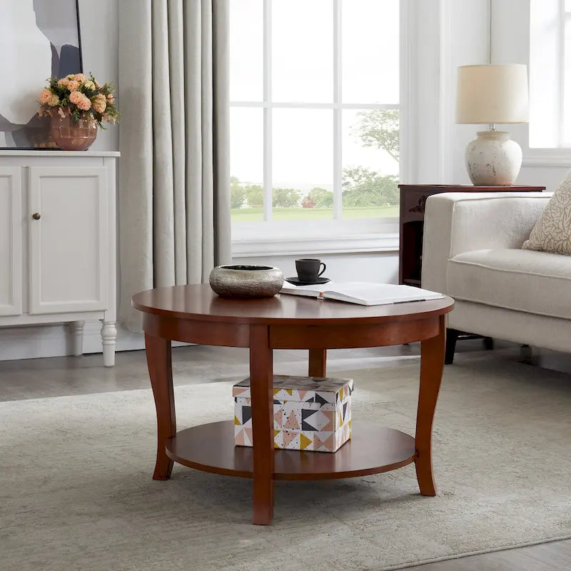 Traditional Round Coffee Table Wooden Centerpiece Table with Open Storage Shelves, for Living Room Bedroom Apartment Studio