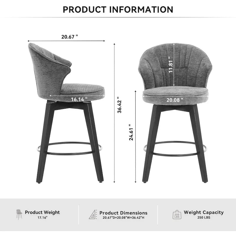 Swivel Bar Stools Set of 2, Upholstered Dining Room Chairs with Wide Backrest, Counter Height Chair with Metal Legs