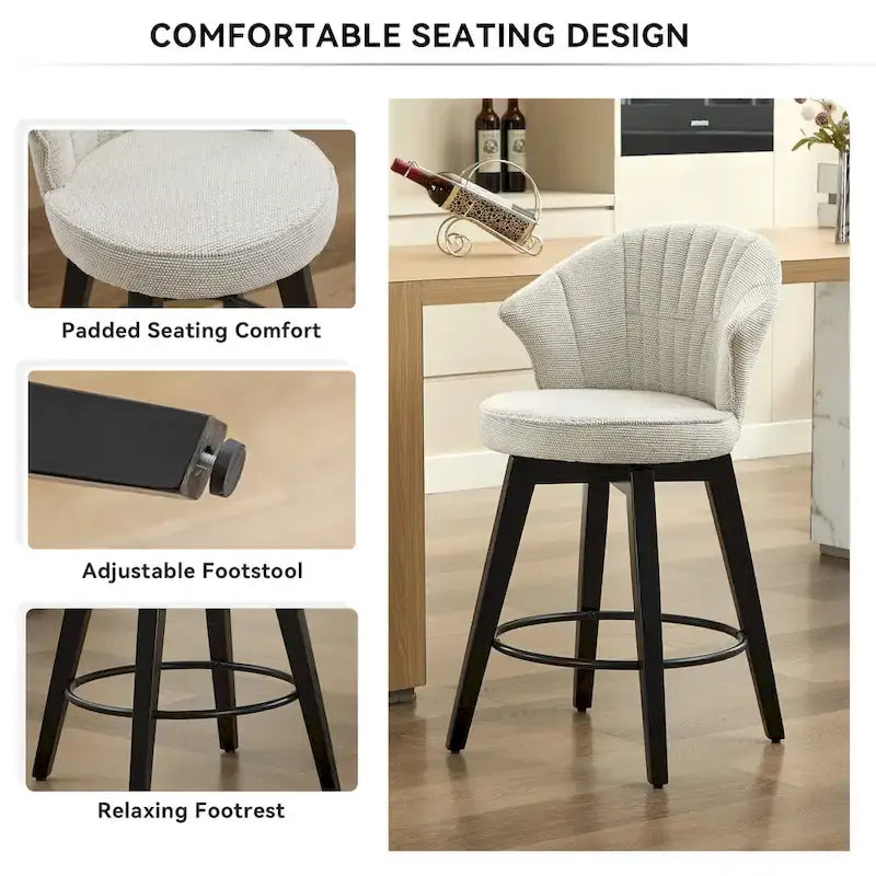Swivel Bar Stools Set of 2, Upholstered Dining Room Chairs with Wide Backrest, Counter Height Chair with Metal Legs