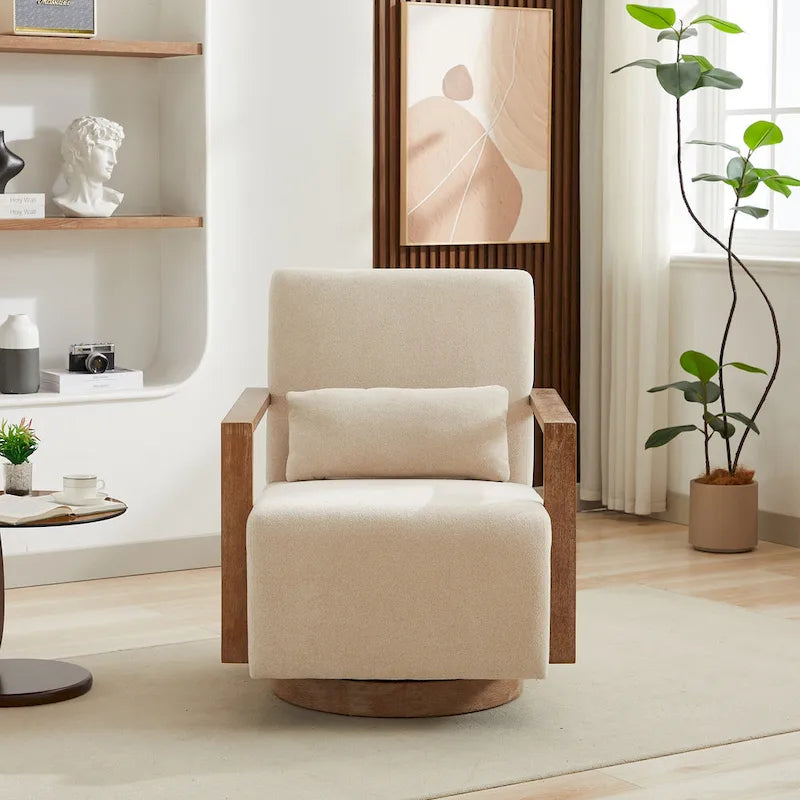360 Degree Swivel Accent Chair with Solid Wood Armrest and Base