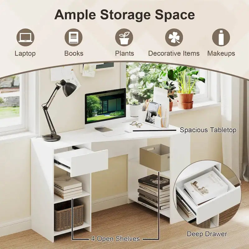 Costway L Shaped Computer Desk with Drawer & Storage Shelves for Home