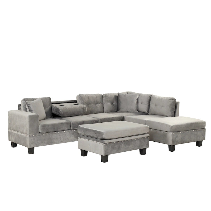 Roomfitters Modern L-Shape Sectional Sofa with Storage Ottoman, Reversible Chaise, Two Pillows, and Cup Holder