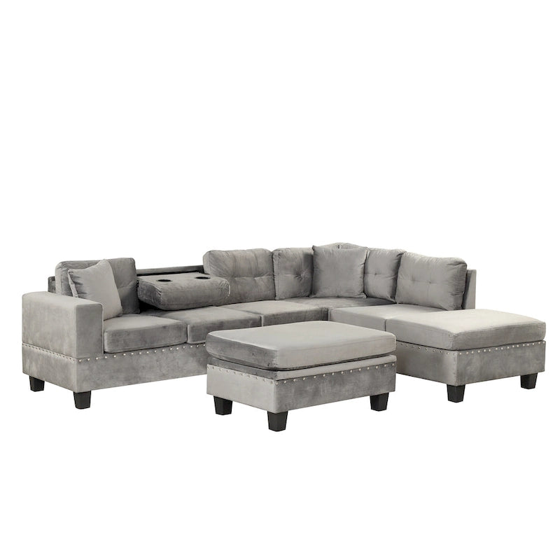 Roomfitters Modern L-Shape Sectional Sofa with Storage Ottoman, Reversible Chaise, Two Pillows, and Cup Holder