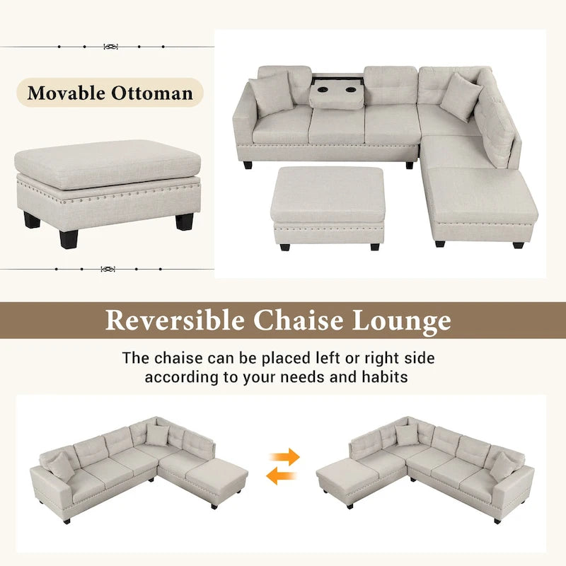 Roomfitters Modern L-Shape Sectional Sofa with Storage Ottoman, Reversible Chaise, Two Pillows, and Cup Holder