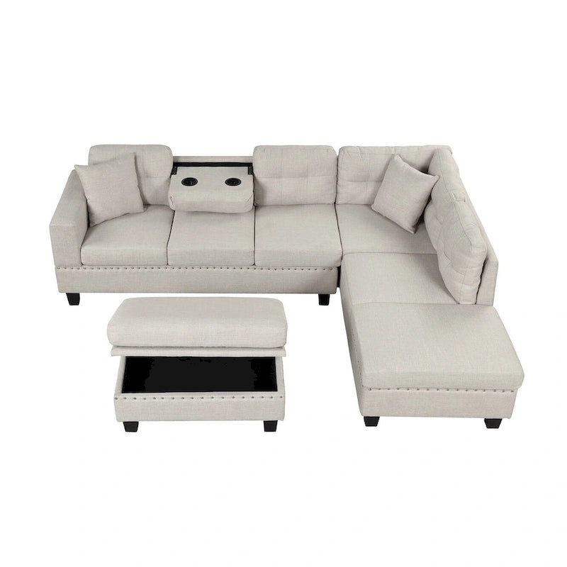 Roomfitters Modern L-Shape Sectional Sofa with Storage Ottoman, Reversible Chaise, Two Pillows, and Cup Holder