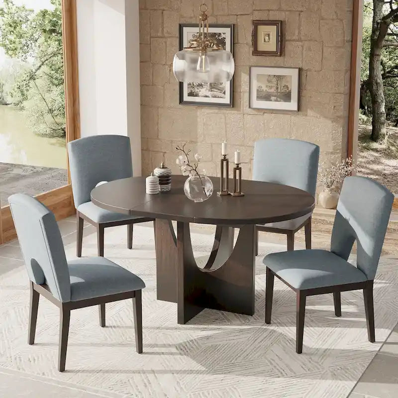 Modern 5-Piece Round Dining Table with 16.2 Removable Leaf
