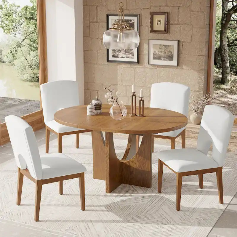 Modern 5-Piece Round Dining Table with 16.2 Removable Leaf