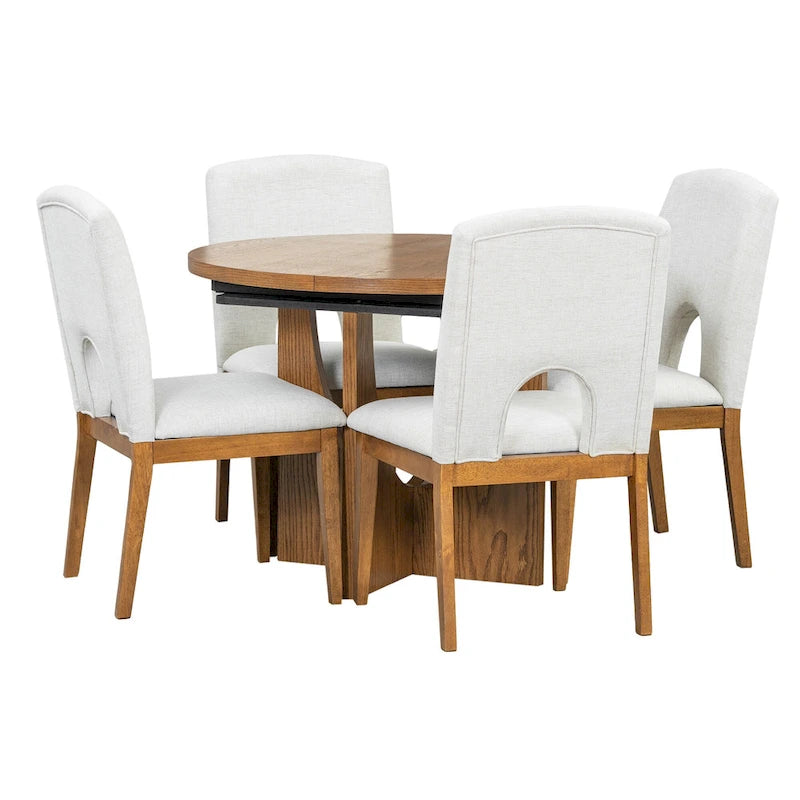 Modern 5-Piece Round Dining Table with 16.2 Removable Leaf