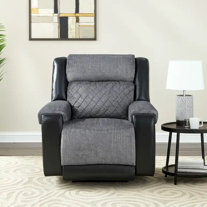 HomeRoots 39 Black And Gray Faux Leather And Fabric Manual Recliner