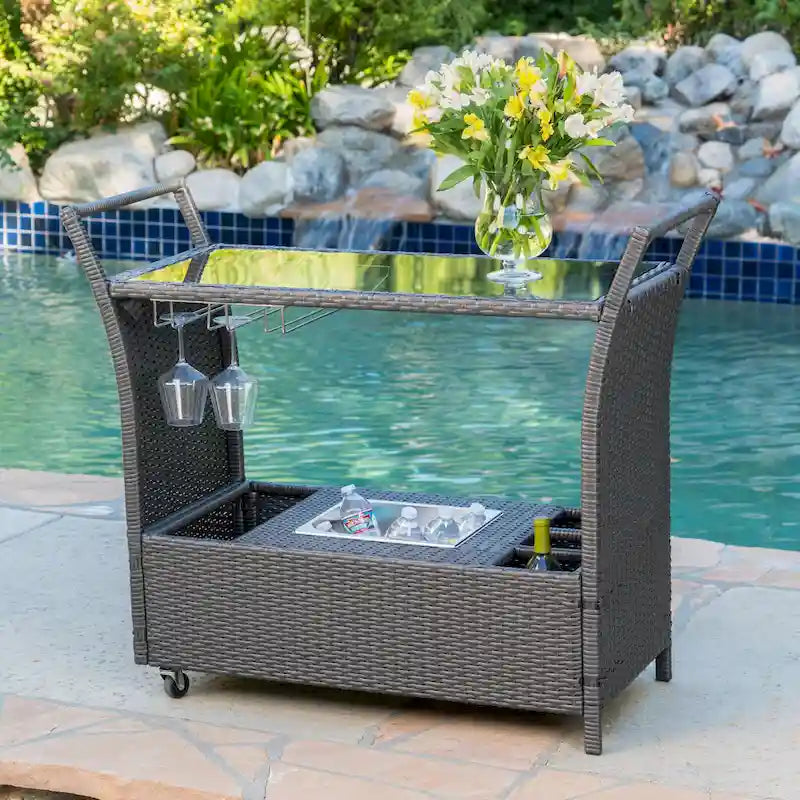 Outdoor Rattan Bar Cart with Removable Ice Bucket, Tempered Glass Top & Wheels, Mobile Beverage Serving Cart with Aluminum Frame