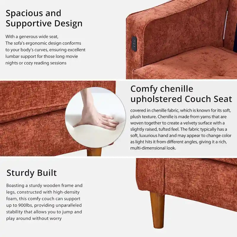 Modern 82 in. Square Arm Chenille Upholstered Rectangle Loveseat Sofa with USB Ports