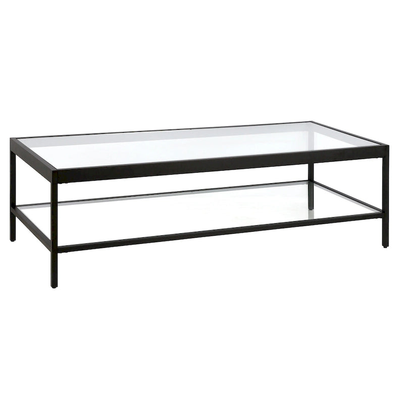 Contemporary 54-Inch Rectangular Coffee Table Glass Top with Steel Base Bottom Storage Shelf Perfect for Living Room