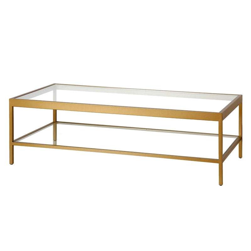 Contemporary 54-Inch Rectangular Coffee Table Glass Top with Steel Base Bottom Storage Shelf Perfect for Living Room