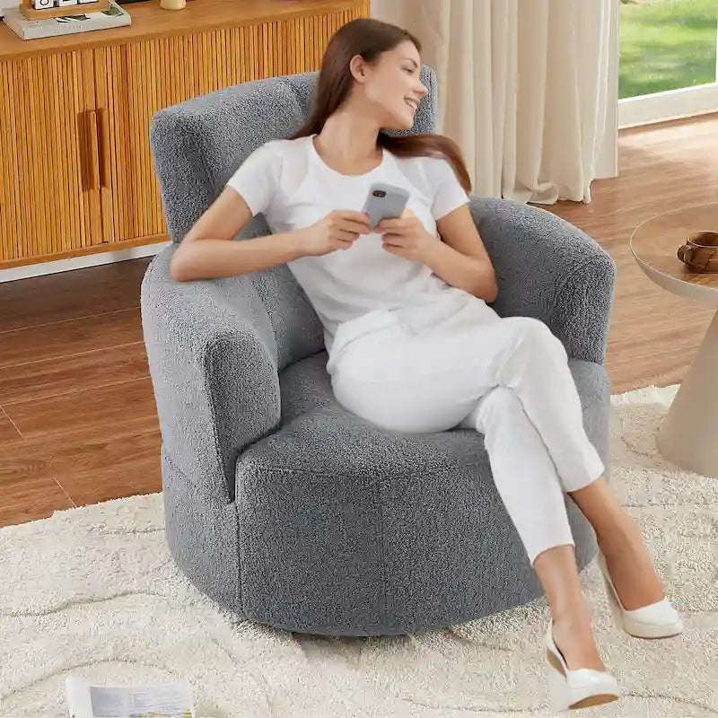 360 Swivel Chair, Upholstered Barrel Chair with Adjustable Headrest Modern Swivel Round Sofa Chair for Living Room