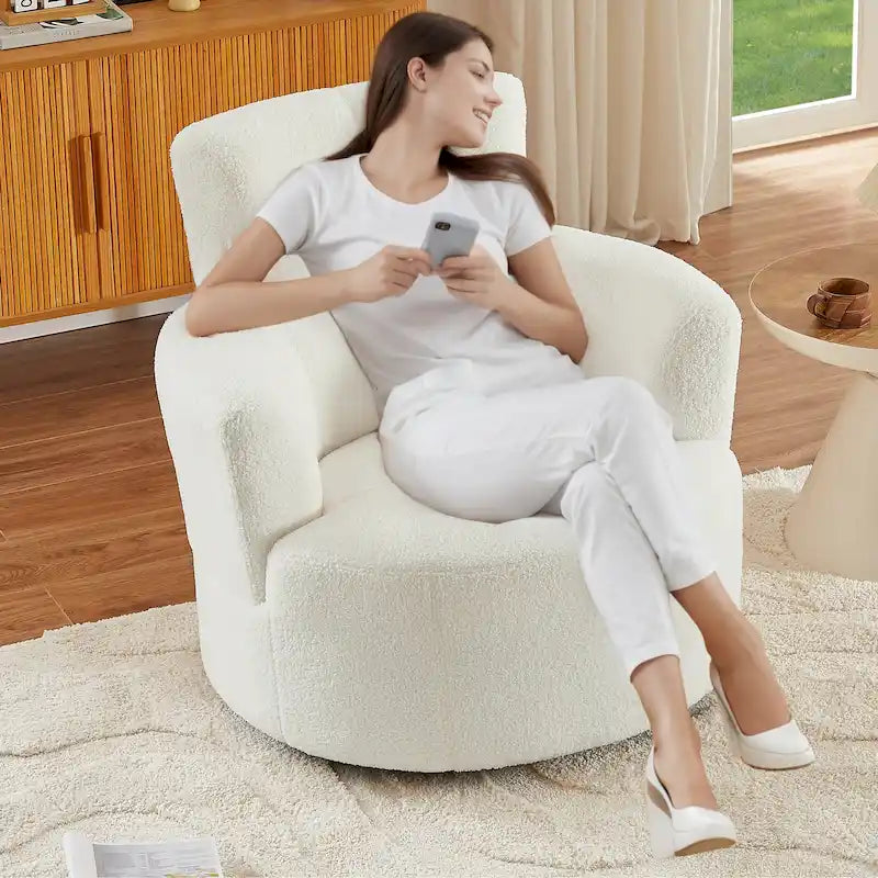 360 Swivel Chair, Upholstered Barrel Chair with Adjustable Headrest Modern Swivel Round Sofa Chair for Living Room