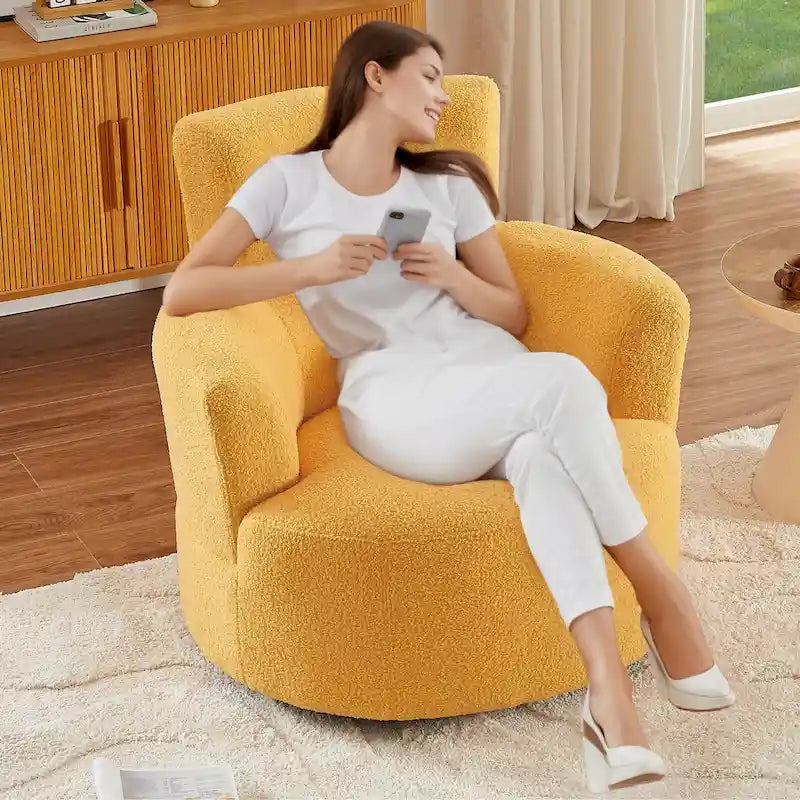 360 Swivel Chair, Upholstered Barrel Chair with Adjustable Headrest Modern Swivel Round Sofa Chair for Living Room