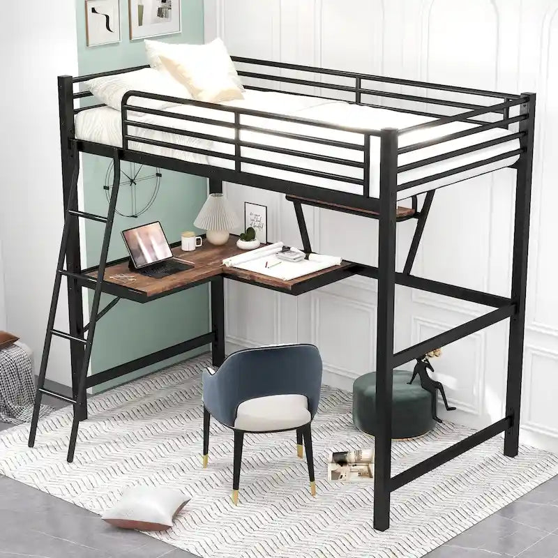 Modern Loft Bed with Desk and Storage Shelf, Heavy Duty Metal Loft Bed Frame with Safety Guardrails & Ladder for Kids Teens