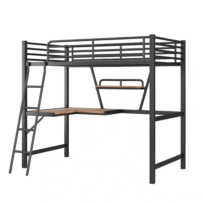 Modern Loft Bed with Desk and Storage Shelf, Heavy Duty Metal Loft Bed Frame with Safety Guardrails & Ladder for Kids Teens