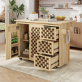 3D Woven Checkerboard Pattern Kitchen Island with Drop Leaf, Internal Storage Rack, Power Outlet, 3 Drawers and 2 Cabinets