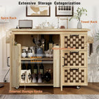 3D Woven Checkerboard Pattern Kitchen Island with Drop Leaf, Internal Storage Rack, Power Outlet, 3 Drawers and 2 Cabinets
