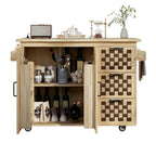 3D Woven Checkerboard Pattern Kitchen Island with Drop Leaf, Internal Storage Rack, Power Outlet, 3 Drawers and 2 Cabinets