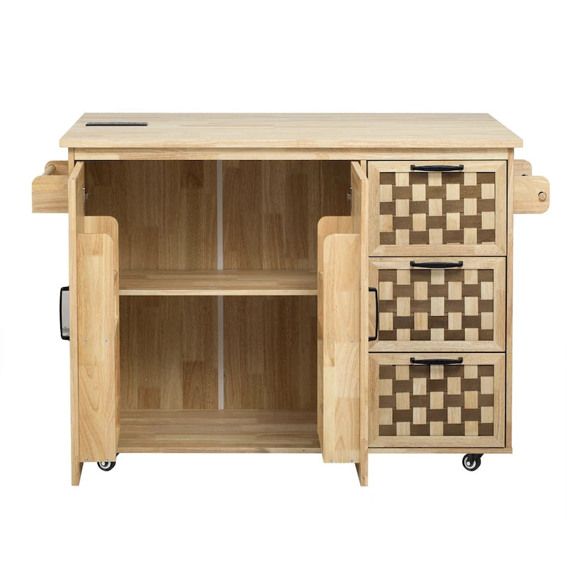3D Woven Checkerboard Pattern Kitchen Island with Drop Leaf, Internal Storage Rack, Power Outlet, 3 Drawers and 2 Cabinets