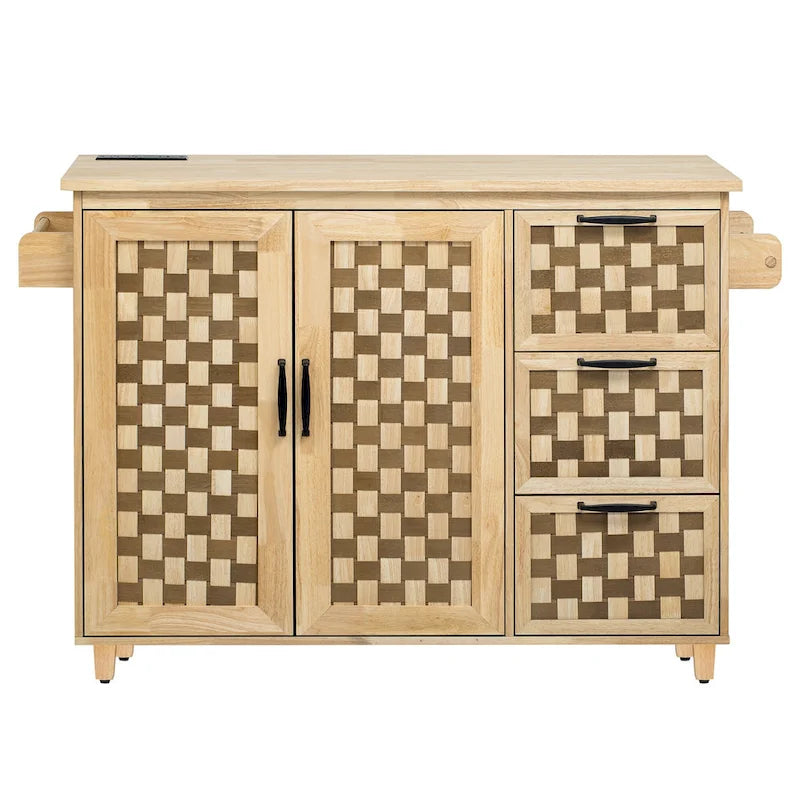 3D Woven Checkerboard Pattern Kitchen Island with Drop Leaf, Internal Storage Rack, Power Outlet, 3 Drawers and 2 Cabinets