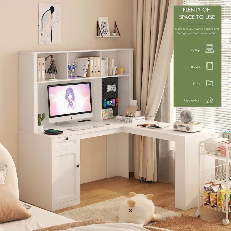 L Shaped Desk with outlet, Computer Desk with Drawers, Bookshelf