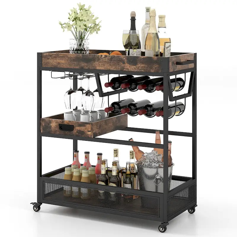 Rolling Bar Cart 3-Tier Industrial Buffet Serving Trolley w/