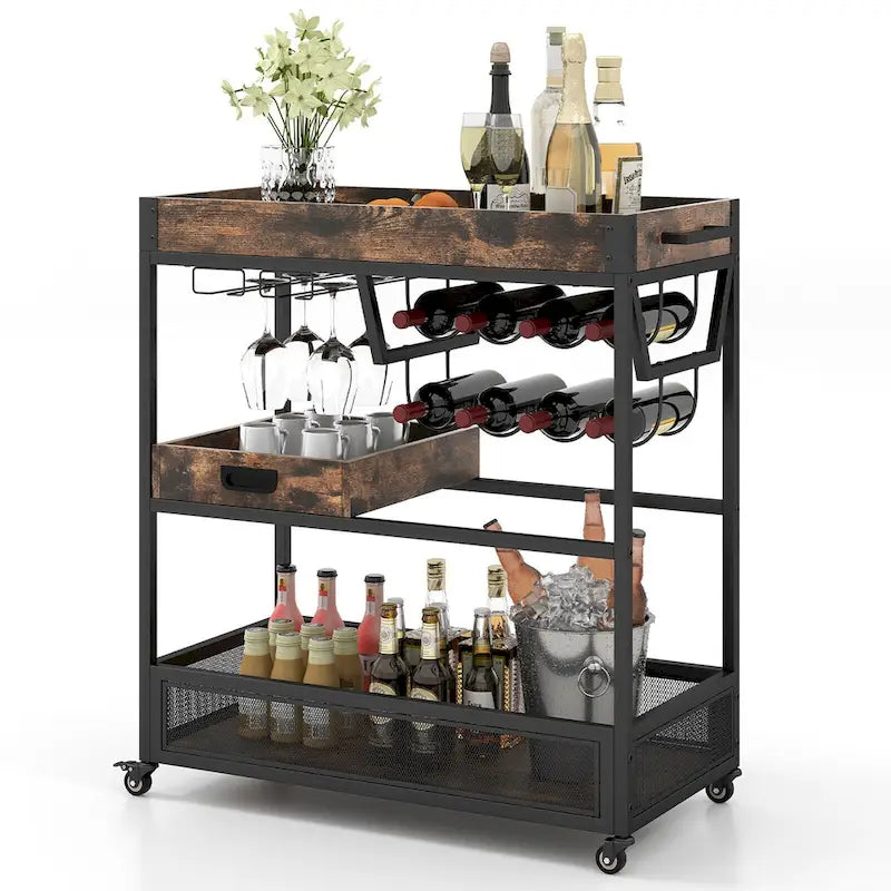  Rolling Bar Cart 3-Tier Industrial Buffet Serving Trolley w/