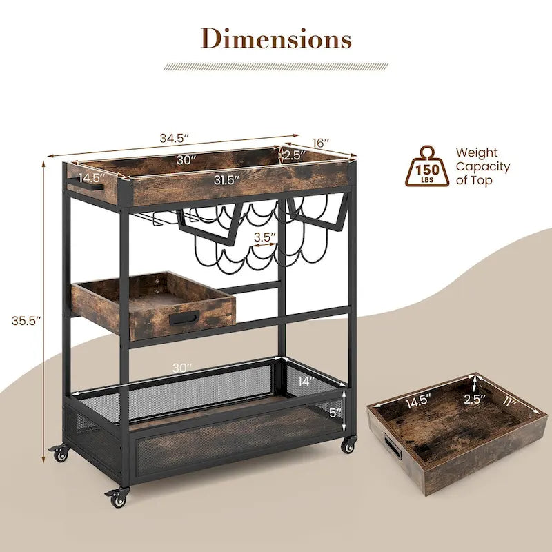 Rolling Bar Cart 3-Tier Industrial Buffet Serving Trolley w/
