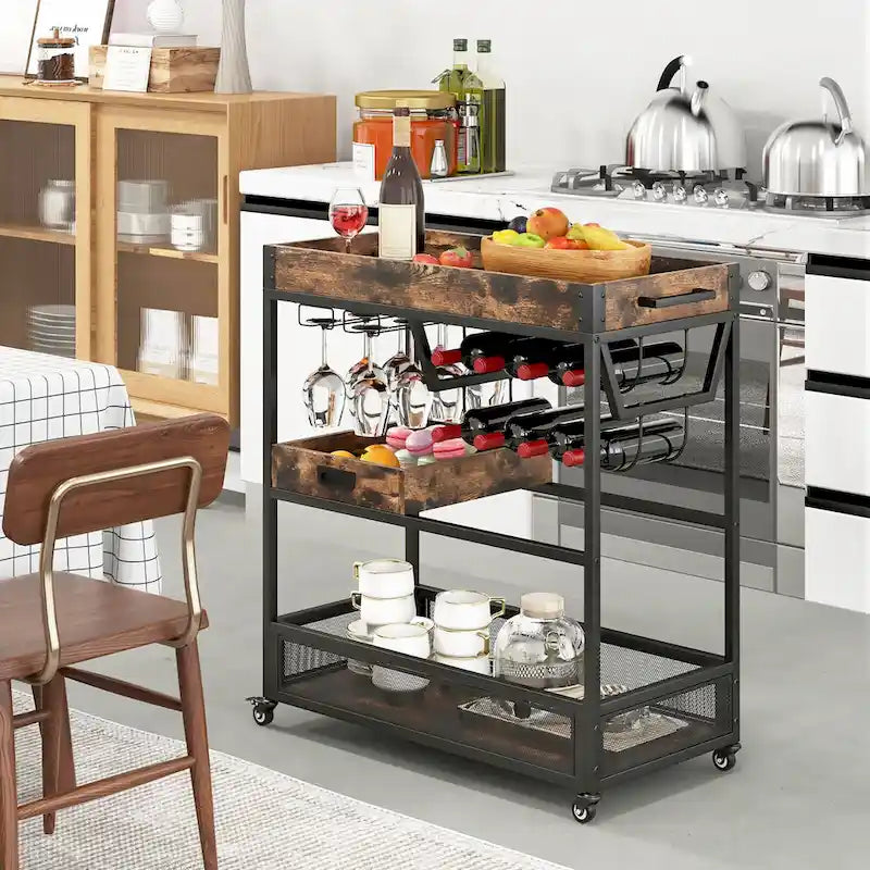 Rolling Bar Cart 3-Tier Industrial Buffet Serving Trolley w/