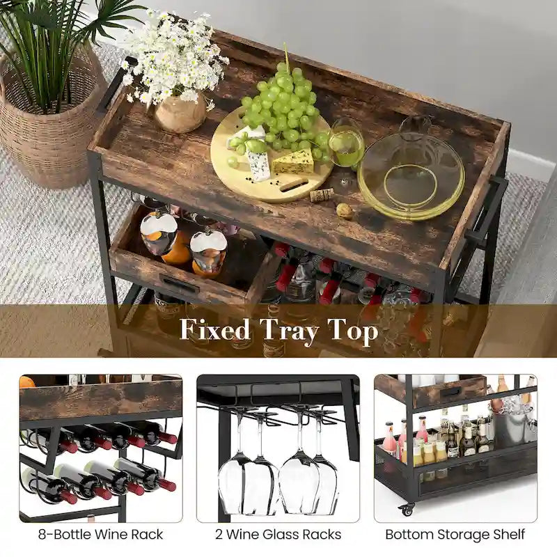 Rolling Bar Cart 3-Tier Industrial Buffet Serving Trolley w/