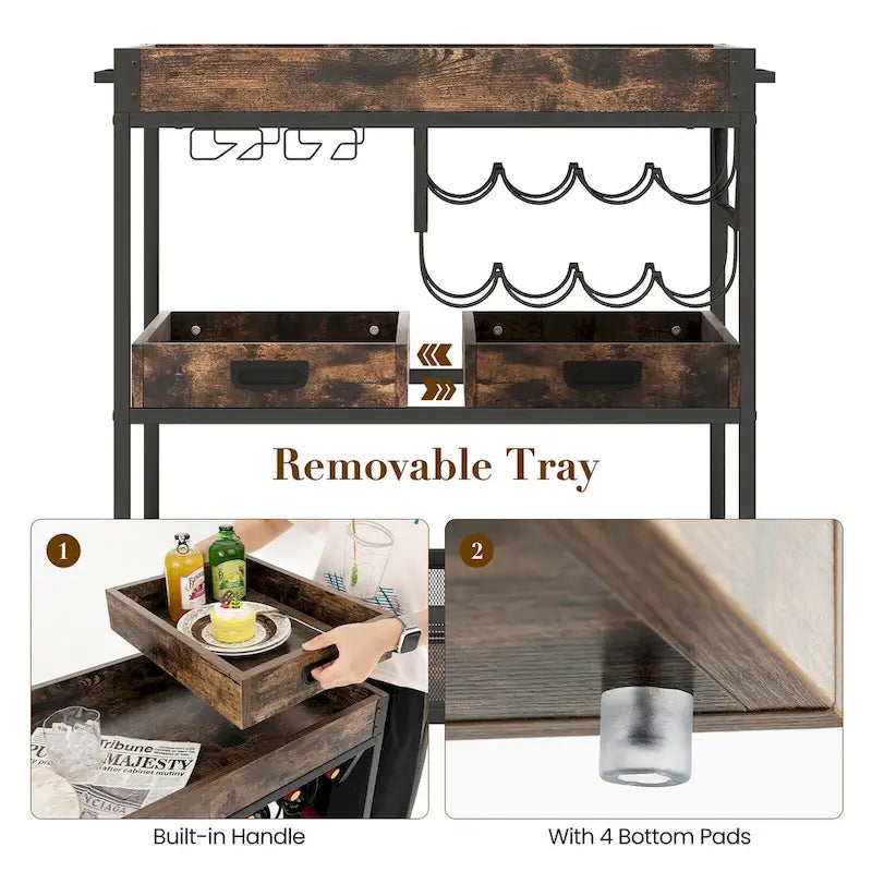 Rolling Bar Cart 3-Tier Industrial Buffet Serving Trolley w/