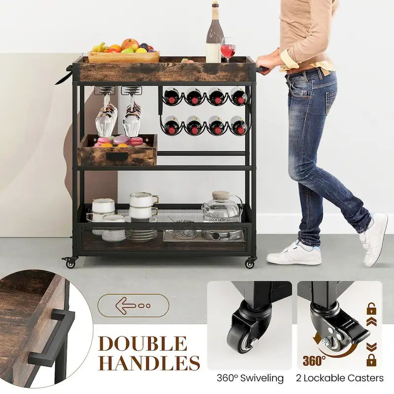 Rolling Bar Cart 3-Tier Industrial Buffet Serving Trolley w/